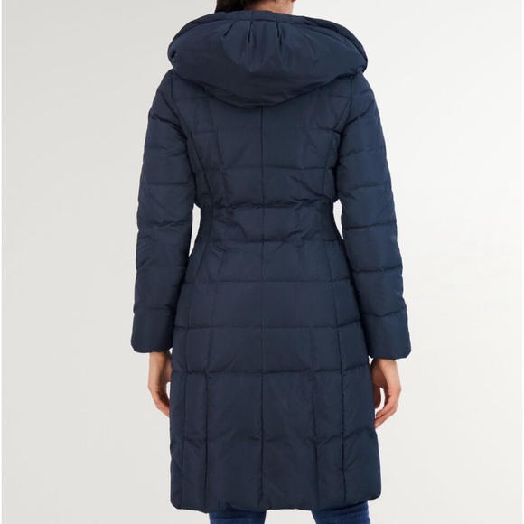 Cole Haan Women's 40" Signature Hooded Taffeta Down Coat Sz S Elastic Waist Navy - Picture 3 of 15